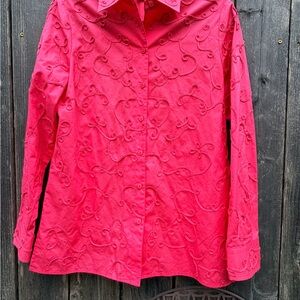 Jones New York Signature Coral Embroidered Cotton Button-Down Blouse M
